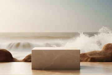 Fototapeten Beige podium with water splashes and ocean on the background. Mock up for product presentation. Platform for beauty products. Empty scene. Stage, display. Podium with copy space. © Kassiopeia 