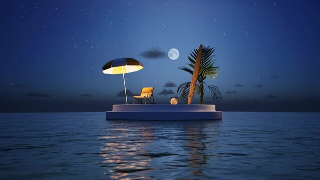 Secluded holiday concept. Summer beach vacation podium with sun umbrella, chair lounge, surfing board and palm tree, with floating in water. Night scene
