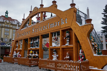 Dresden, Germany - November 29, 2023 - The Christmas Arch at one of the entrances to the Striezelmarkt in Dresden. It is one of the oldest Christmas markets in the world