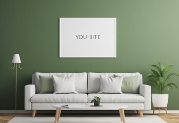 White sofa against green plain wall with mockup painting to show your painting or art.