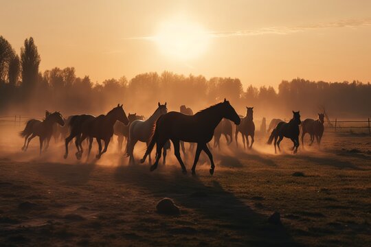 Horses galloping across a field at sunset, a majestic scene of freedom, strength, and the beauty of nature in motion. The image captures the essence of wild grace and the untamed spirit.