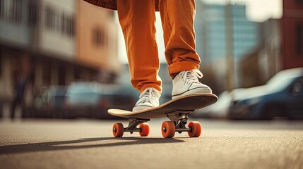 sneakers, trousers and the skateboard itself, close-up shots highlighting the details of a stylish men's suit and skateboard