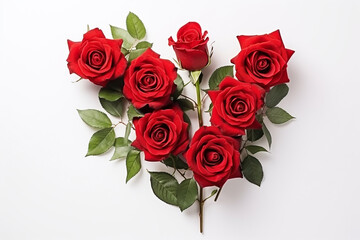 Creative Composition of Flowers: Bouquet of Red Roses, Rose Plant with Leaves, Isolated on White Background Created with Generative AI Tools