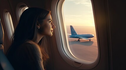 Fototapeta premium a tourist who sits on a plane near the window watching the plane fly by through the window.