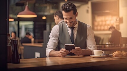 the guy looks at his phone or tablet, the picture conveys the real essence of communicating with clients or handling a smartphone