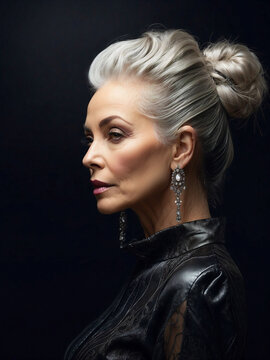 Mujer madura cauc&aacute;sica elegante con pelo blanco recogido. Inspira &eacute;xito y glamour.