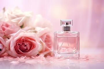 Glass Perfume Bottle in Rose Water Background: Floral Arrangement, Splash of Water Created with Generative AI Tools
