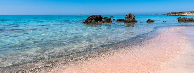 Foto op Aluminium Elafonissi Strand, Kreta, Griekenland Beautiful view of Elafonisi Beach, Chania. The amazing pink beach of Crete. Elafonisi island is like paradise on earth with wonderful beach with pink coral and turquoise waters. Banner.