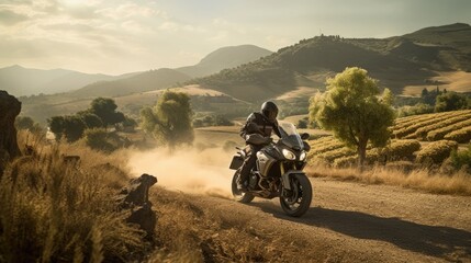 Motorcycle with a racer against the backdrop of a winding road or a blurry city with sunlight
