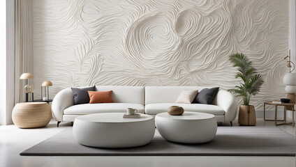Fototapeta na wymiar Salón con decoración de interior estilo oriental, japandi y minimalista, con sofá y mesa de color blanco.