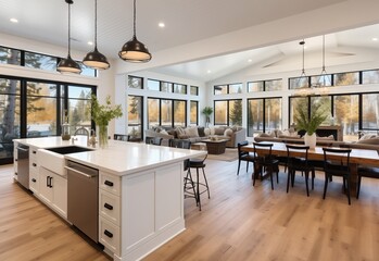 Living room with modern kitchen interior design luxury feel.