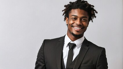 Cheerful young black businessman with curly hair smiling in a classic black suit and tie with a white shirt
