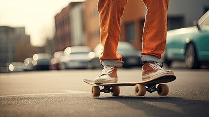 sneakers, trousers and the skateboard itself, close-up shots highlighting the details of a stylish men's suit and skateboard