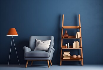 Living room mockup with armchair sofa and books on a stairs like shelf with lamp over a blue wall.