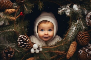Cheerful baby with twinkling eyes peeking out from a festive pine wreath adorned with snow and cones
