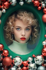 Attractive young woman gazing through a green holiday wreath adorned with red and silver baubles