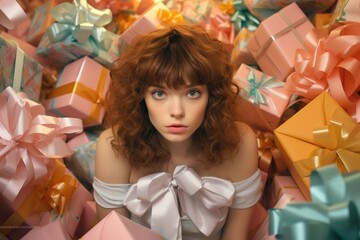 Young woman with a surprised look, amidst a sea of colorful gift boxes with bows