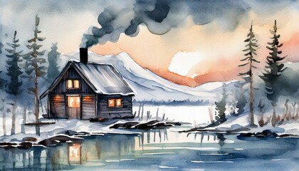 Nordic wilderness, winter dawn, a lone cabin with smoke from chimney, water painting