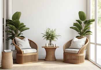 Living room interior design concept with wicker armchairs and plants near window.