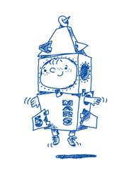 Funny smiling boy in rocket made of cardboard boxes