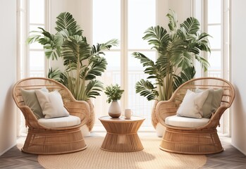 Wicker Armchairs set in a living room near window and table for coffee and tea.