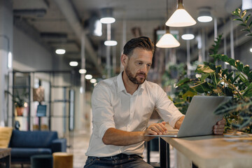 Mature businessman using laptop in modern office lounge