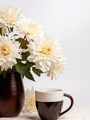 Cup of coffee and bouquet of white chrysanthemum flowers.