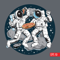 Astronauts with pizza in the outer space, stars and asteroids in background. Pizza delivery or pizzeria concept. Comic style vector illustration.