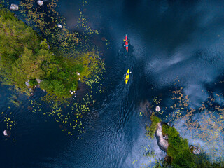 Aerial view of people kayaking inVuoksiriver
