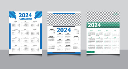 three sets one page Wall calendar design template for 2024-year, 2024 wall calendar design. - obrazy, fototapety, plakaty