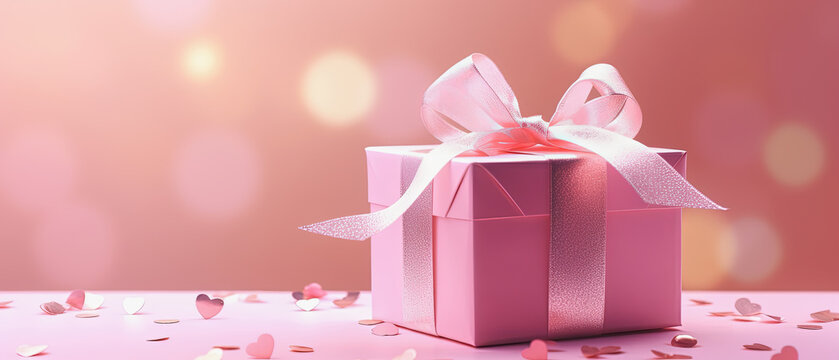 caja regalo rosa con lazo del mismo color sobre fondo rosa y dorado desenfocado, concepto San Valentín