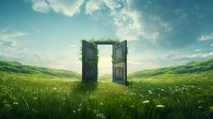 Green fields,large wooden door opened in the middle.The sound around edge the garden echoed loudly and the door opened.The sunlight streams through the gate,making the green fields even more beautiful