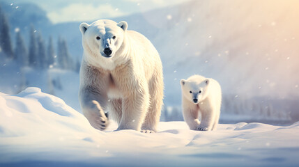 A mother bear and cubs are walking in the polar snow. These are images that reflect the warmth and grace of mother-daughter love in nature. Their walking on the white snow surface reflects the beauty.