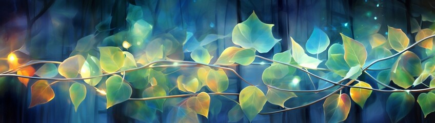 Holographic ivy leaves clinging to an ethereal trellis.