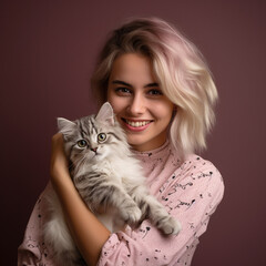 In this photo is a happy and smiling person. holding a cat in the studio They looked like they were happy and relaxed. This scene may have been the product of a studio shoot where the lighting.