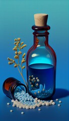 Homeopathy alternative medicine eco concept - classical homeopathy pills. Homeopathic globules and herbs with medical bottles on blue background. - obrazy, fototapety, plakaty