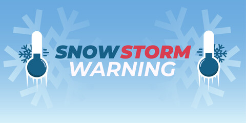 Snowstorm warning. Heavy snowfall alert. Background, banner, wallpaper with frozen thermometer, snowflakes, and typography. Vector illustration. - obrazy, fototapety, plakaty