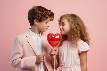 niño y niña sosteniendo un globo con forma de corazón de color rojo, sobre fondo rosa viejo