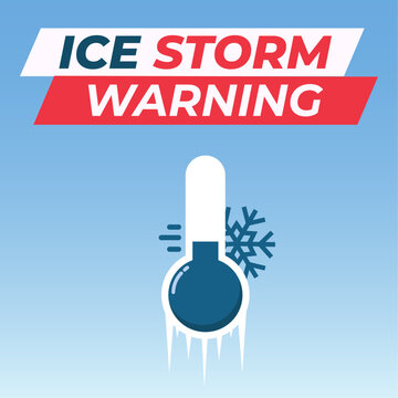 Ice storm warning. Low temperature alert. Thermometer with ice and snowflakes showing low temperature. Text headline. Vector illustration.