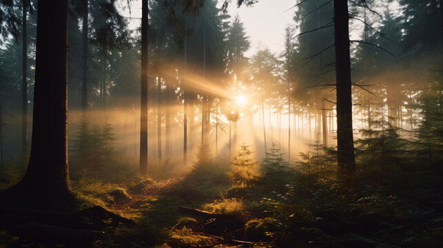 This photo was taken from a high angle in a misty forest. The image depicts a sky with the light of a beautiful sunrise amidst a dense fog covering the entire forest. The clear light emanating.