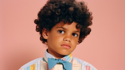 In contemporary studio fashion, a little boy with mixed skin tones confidently poses in stylish attire.