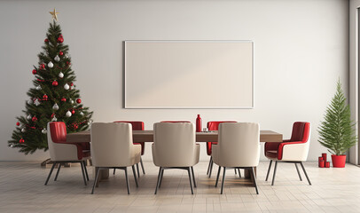 Sala de reuniones o comedor con una pizarra blanca vacia en la pared y arbol de navidad decorado - obrazy, fototapety, plakaty
