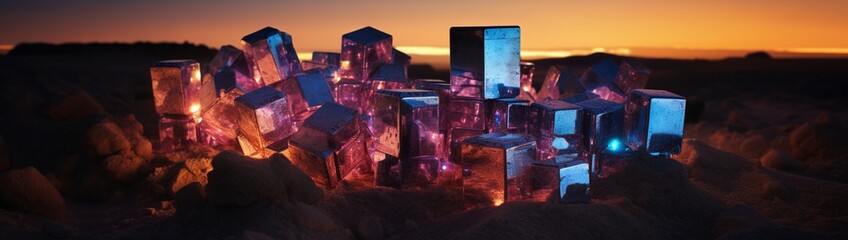 Iridescent pyrite cubes nestled amongst sand particles.