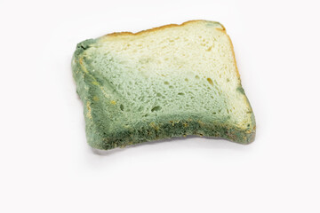 A piece of Moldy bread isolated on white background. Top view