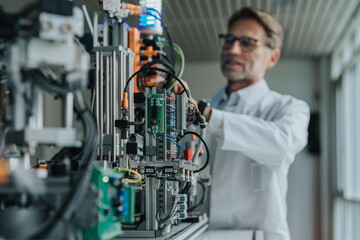 Male scientist inventing machinery in laboratory