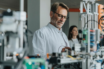 Mature man examining machinery with female colleague in background at laboratory