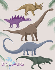 Dinosaurs in colors. Silhouette of brontosaurus, triceratops, stegosaurus and others reptile