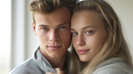 Mixed-race pair, embracing with smiles in their cozy home.