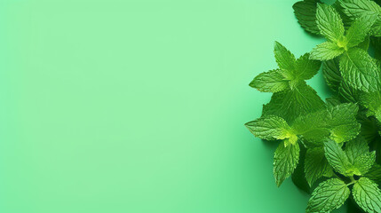fresh peppermint leaves, is seen on a green background with copy space for text a top view.