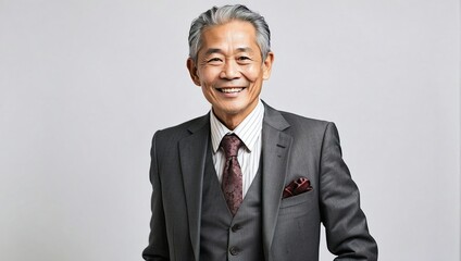 Happy senior Asian businessman in a gray suit with a patterned tie and pocket square, smiling confidently on a plain backdrop